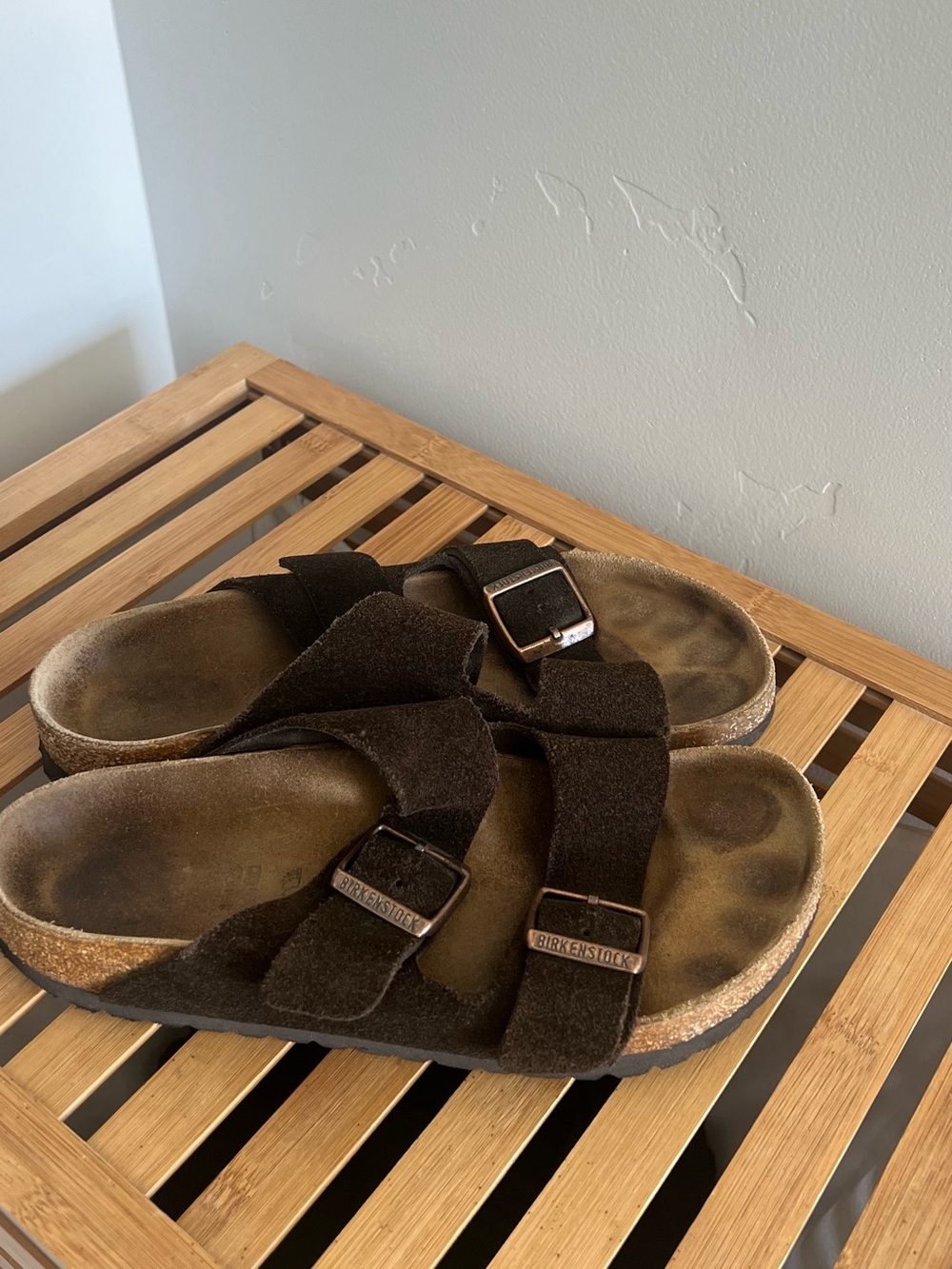 Birkenstock Arizona Brown Suede Two-Strap Sandals, size 38
